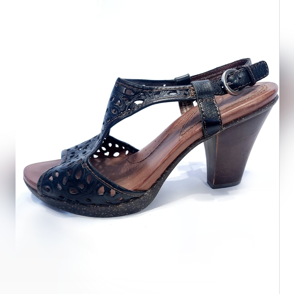 NAYA Size 8.5" Alpine Black Leather Bamboo Block 3.75" Heeled Sandals